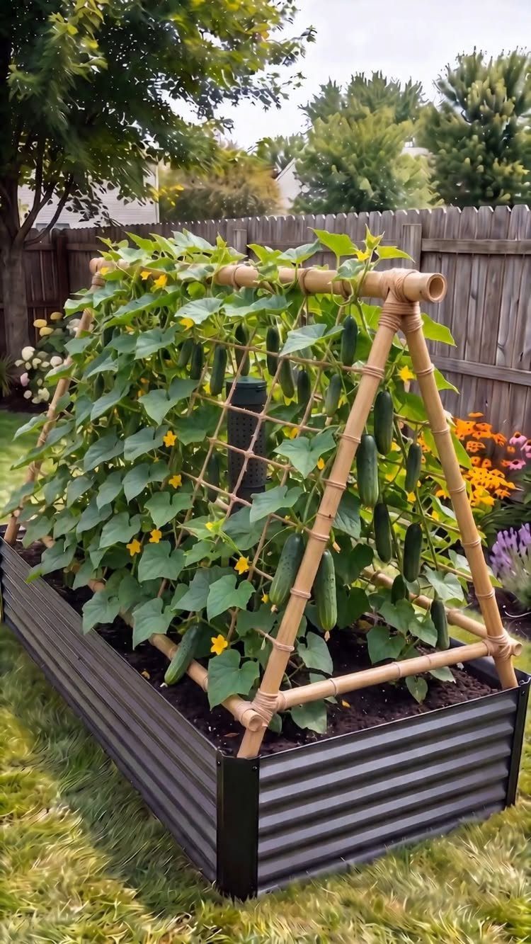 Garden Plans and Layouts: 7 Ideas for Small and Large Spaces 1 Cucumber plants climbing a bamboo trellis inside a black corrugated metal raised garden bed.