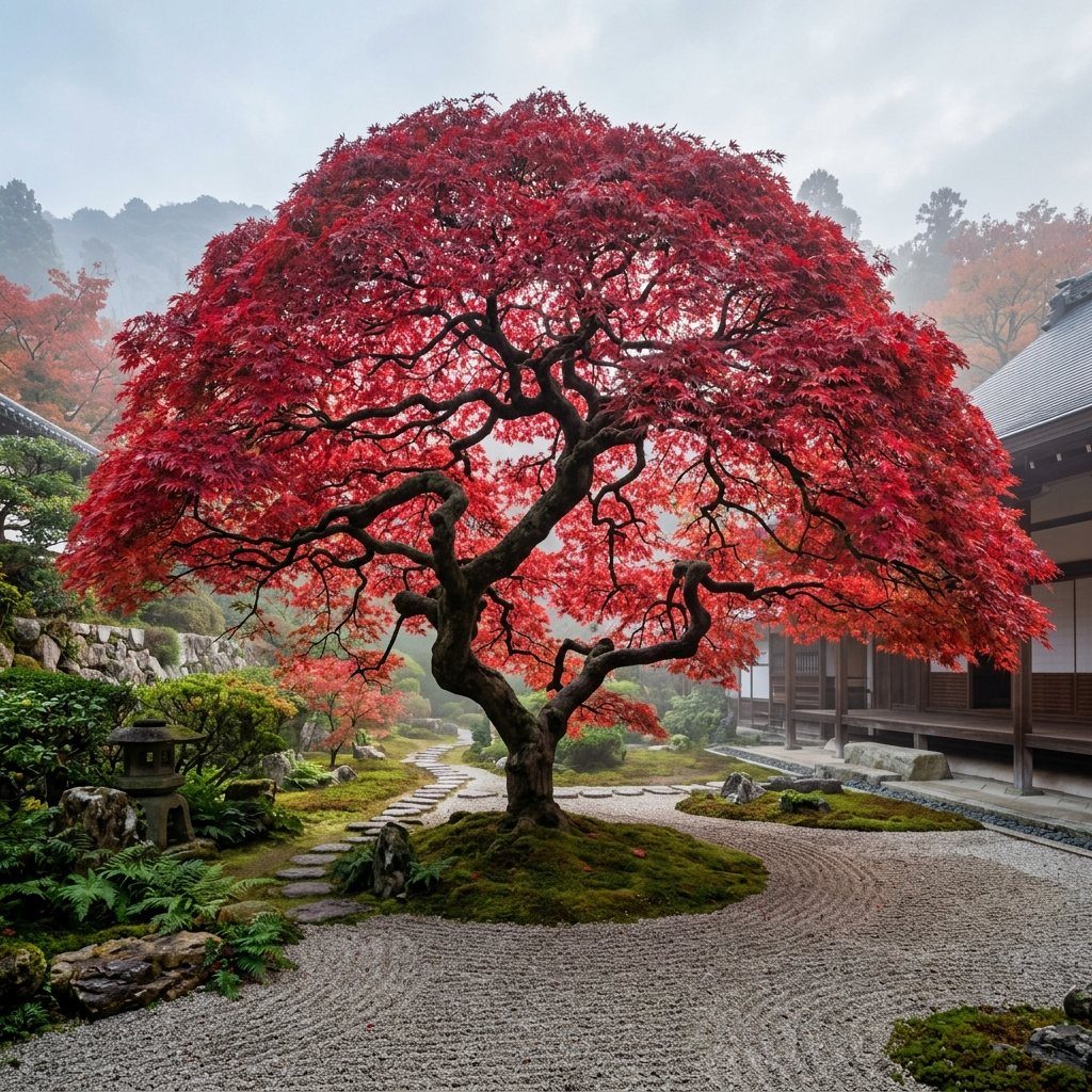 14 Garden Trees Ideas for Shade, Color and Privacy 2 A Japanese maple tree with brilliant red leaves stands in a misty, traditional Japanese garden.