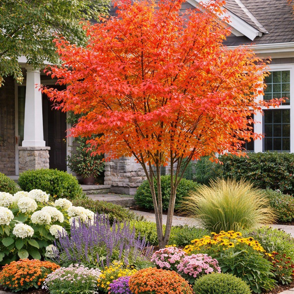 14 Garden Trees Ideas for Shade, Color and Privacy 11 A small tree with bright orange autumn leaves surrounded by colorful garden flowers and shrubs.