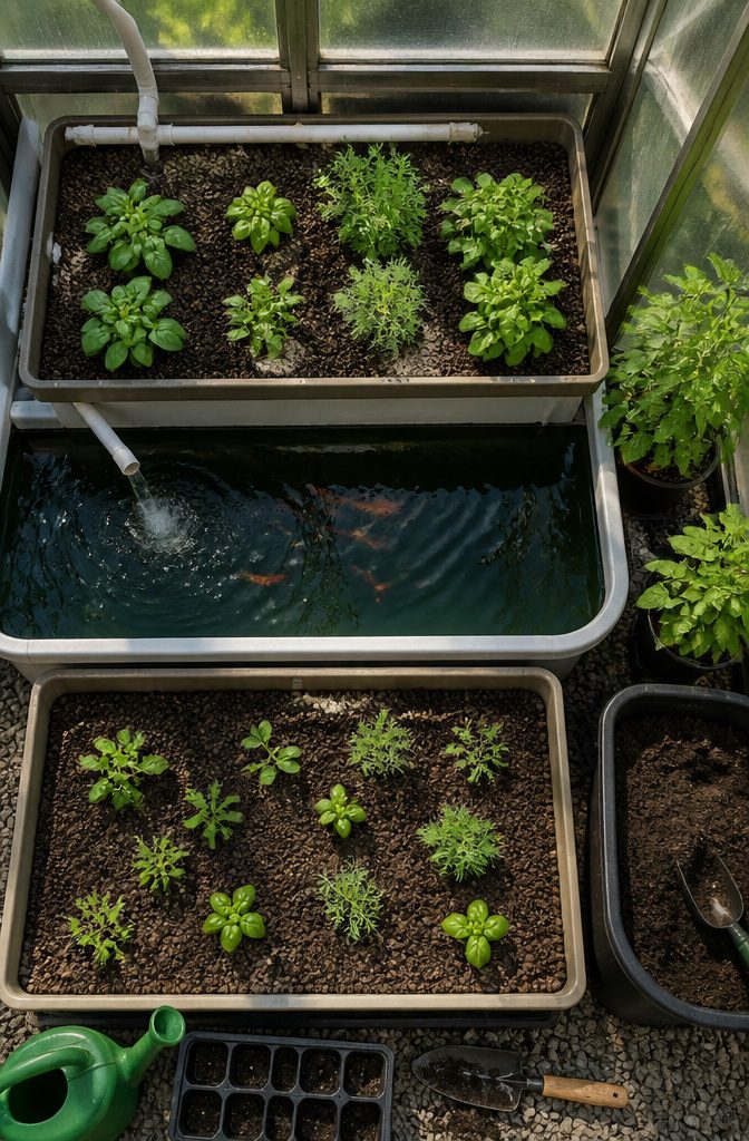 Greenhouse with Fish Pond: How to Build an Aquaponics Setup 7 Lettuce and herbs growing in media beds within the greenhouse.