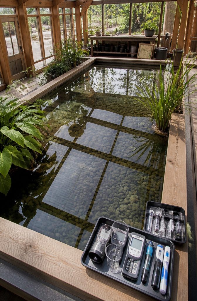 Greenhouse with Fish Pond: How to Build an Aquaponics Setup 5 An overhead view of a filled pond with testing equipment nearby.