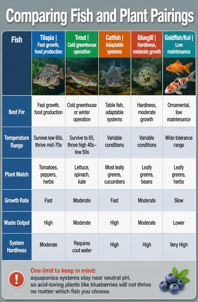Greenhouse with Fish Pond: How to Build an Aquaponics Setup 11 Comparison of fish and plant pairings for aquaponics systems.