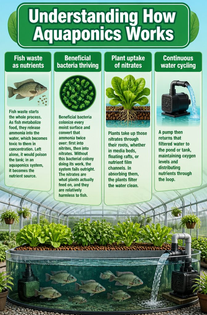 Greenhouse with Fish Pond: How to Build an Aquaponics Setup 9 An illustration explaining the aquaponics nutrient cycle.