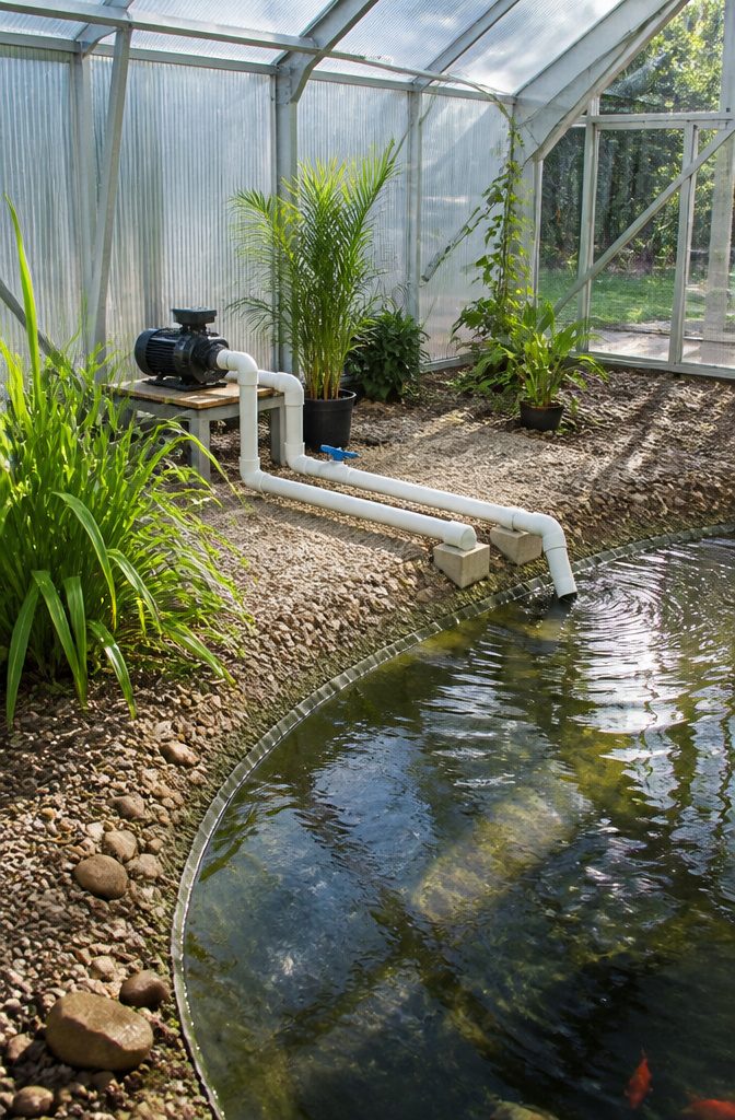 Greenhouse with Fish Pond: How to Build an Aquaponics Setup 2 PVC pipes and a water pump setup inside the greenhouse.
