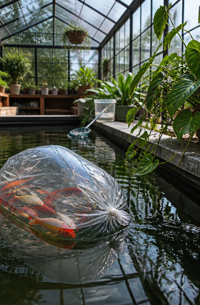 Greenhouse with Fish Pond: How to Build an Aquaponics Setup 6 A fish bag floating in the pond as part of acclimation.