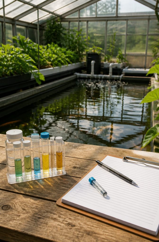 Greenhouse with Fish Pond: How to Build an Aquaponics Setup 8 Water testing kit and notes on a wooden table in the greenhouse.