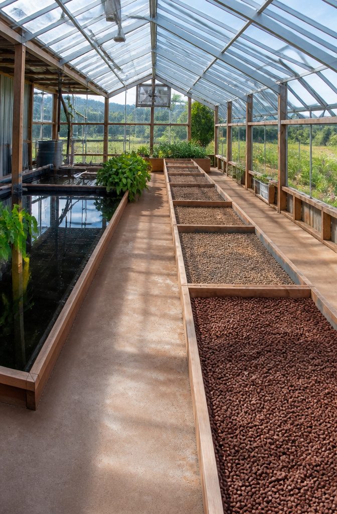 Greenhouse with Fish Pond: How to Build an Aquaponics Setup 4 Grow beds arranged in a greenhouse with clear walkways.