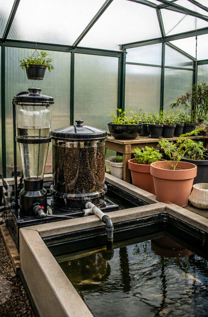 Greenhouse with Fish Pond: How to Build an Aquaponics Setup 3 A swirl filter and biofilter with visible water movement.