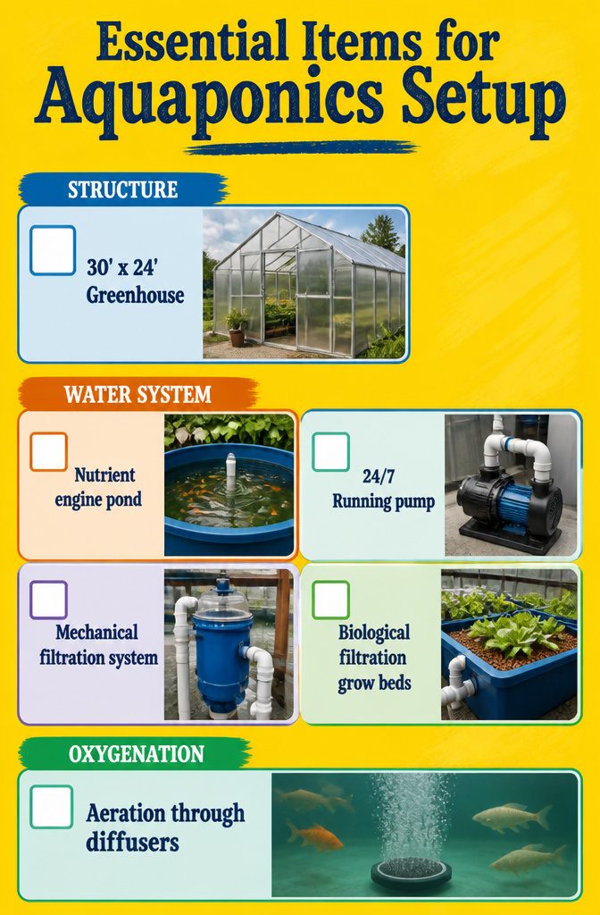 Greenhouse with Fish Pond: How to Build an Aquaponics Setup 10 Items necessary for aquaponics setup displayed in a greenhouse.