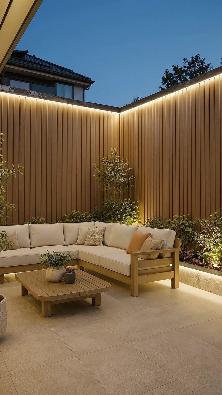 Modern outdoor patio with cream sectional sofa and warm LED strip lighting on a wooden fence.