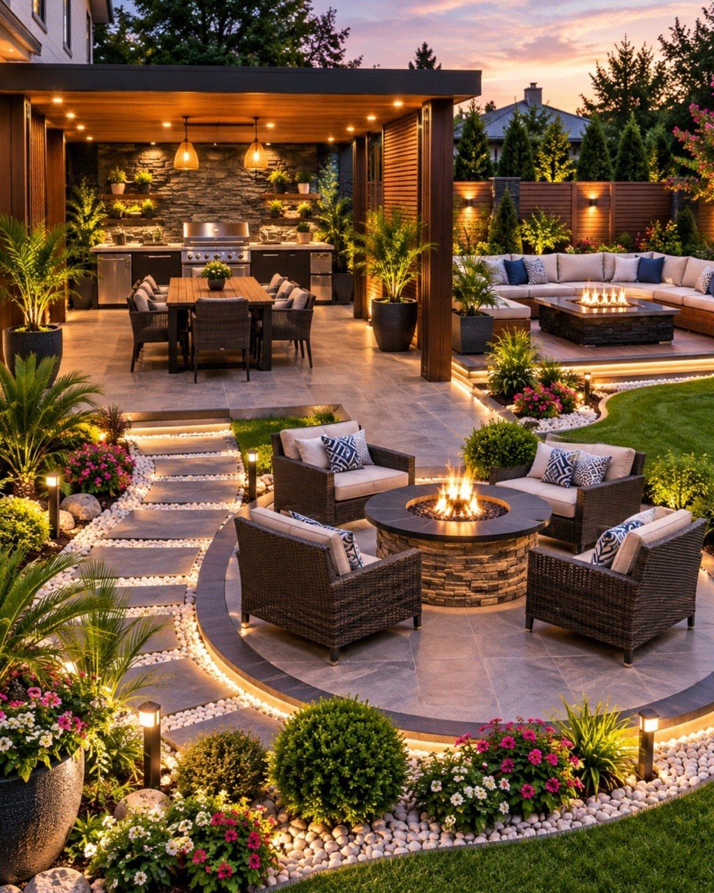 Circular stone fire pit with wicker lounge chairs on a landscaped patio at dusk.