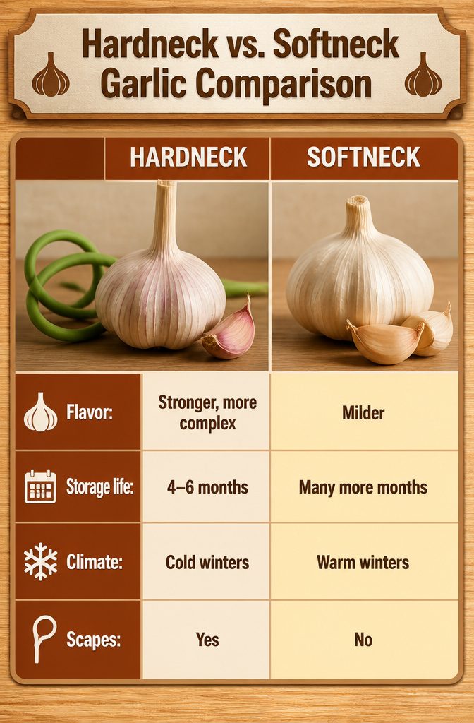 How to Plant Garlic: 6 Steps from Soil Prep to Curing 2 An infographic comparing hardneck and softneck garlic characteristics.