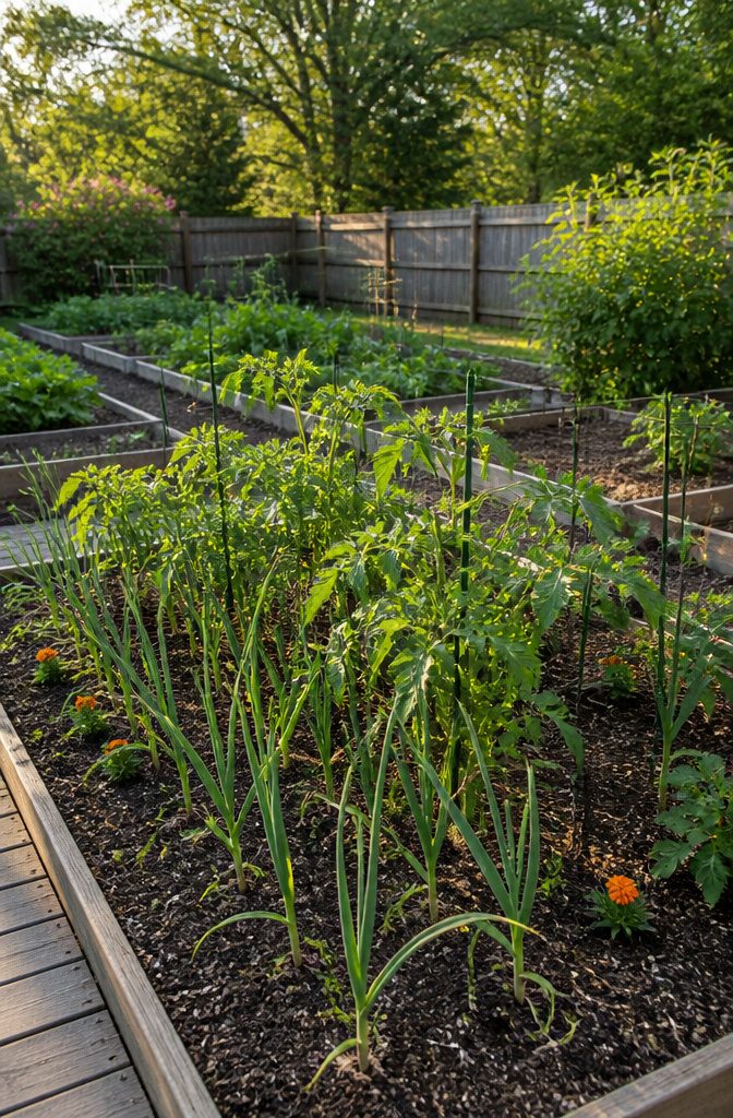 How to Plant Garlic: 6 Steps from Soil Prep to Curing 10 Various plants in a garden bed with garlic planted alongside them.