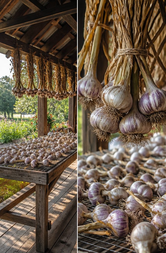 How to Plant Garlic: 6 Steps from Soil Prep to Curing 11 Garlic bulbs hung in bunches in a shaded area for curing.