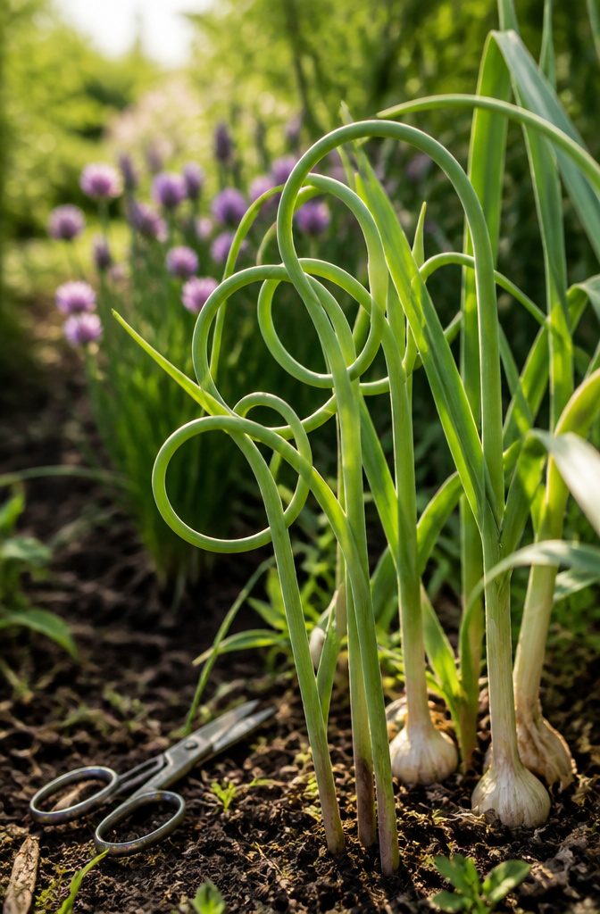 How to Plant Garlic: 6 Steps from Soil Prep to Curing 8 A garlic scape with a loose curl, ready for harvesting.