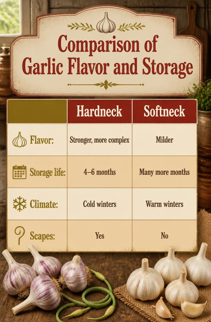 How to Plant Garlic: 6 Steps from Soil Prep to Curing 7 An infographic comparing flavor and storage of hardneck and softneck garlic.