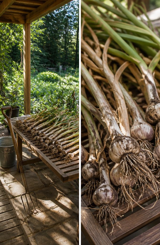 How to Plant Garlic: 6 Steps from Soil Prep to Curing 6 Garlic bulbs being carefully dug up from the soil for harvesting.