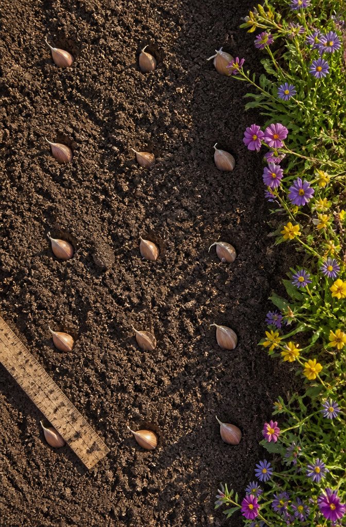 How to Plant Garlic: 6 Steps from Soil Prep to Curing 3 Individual garlic cloves planted in the soil, with proper spacing.