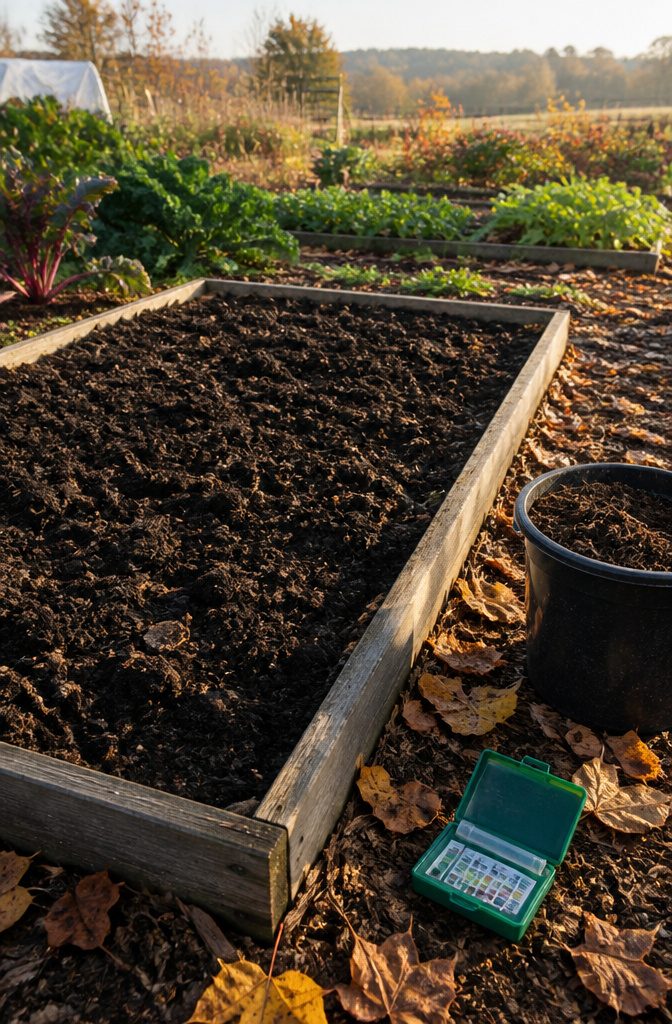 How to Plant Garlic: 6 Steps from Soil Prep to Curing 1 A garden plot with dark, crumbly soil and a soil testing kit nearby.