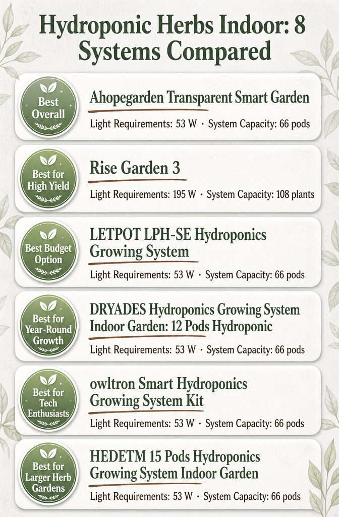 Hydroponic Herbs Indoor: 8 Systems Compared 4 Comparison infographic of eight hydroponic herb systems
