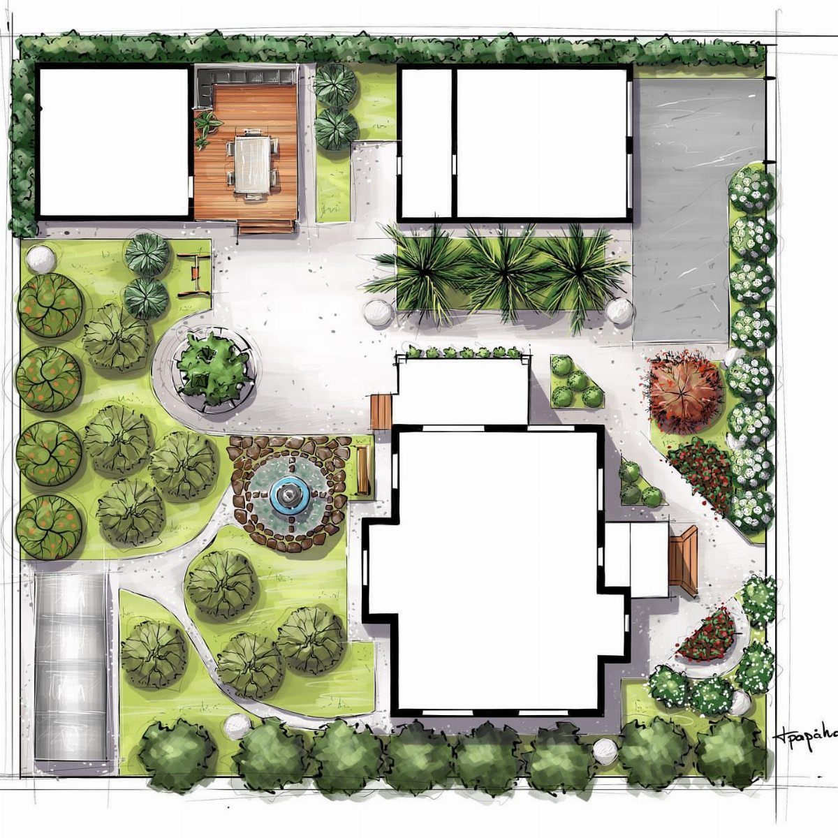 13 Landscaping Plans Layout Ideas to Draw From 6 Hand-drawn landscape architectural plan featuring garden beds, trees, a patio, and house footprints.