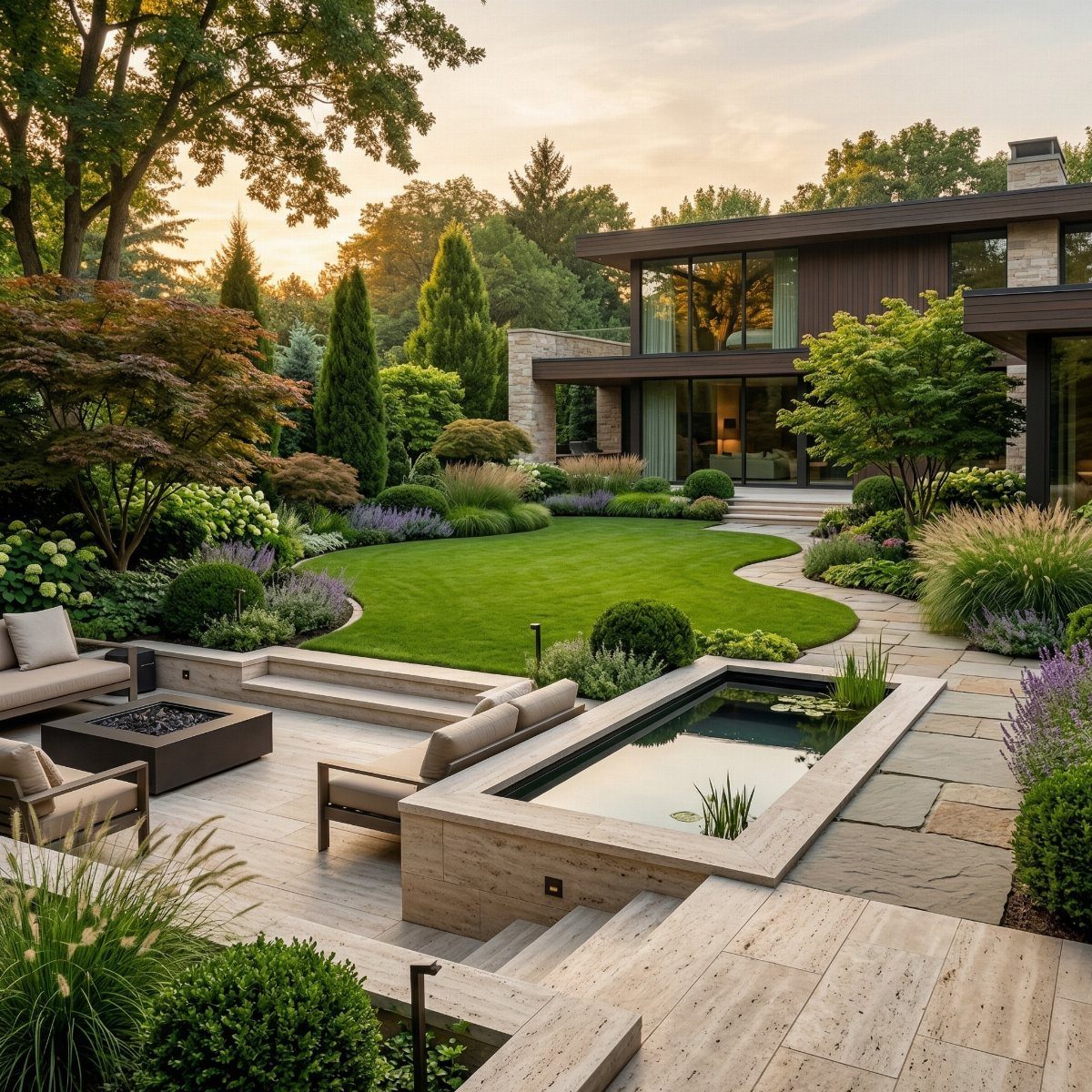 13 Landscaping Plans Layout Ideas to Draw From 1 A modern backyard with a stone patio, lounge seating, a fire pit, and a rectangular water feature.