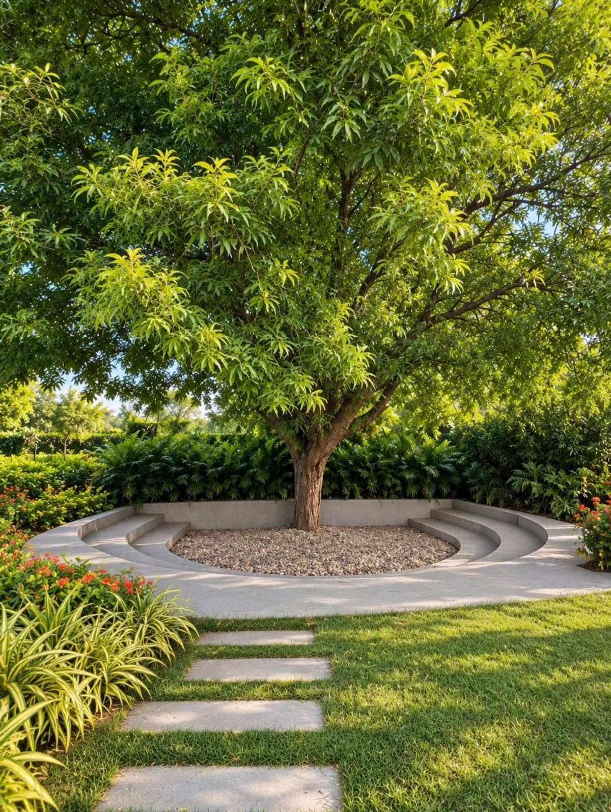 13 Landscaping Plans Layout Ideas to Draw From 9 Large green tree centered in a circular stone patio with curved concrete benches and lush landscaping.