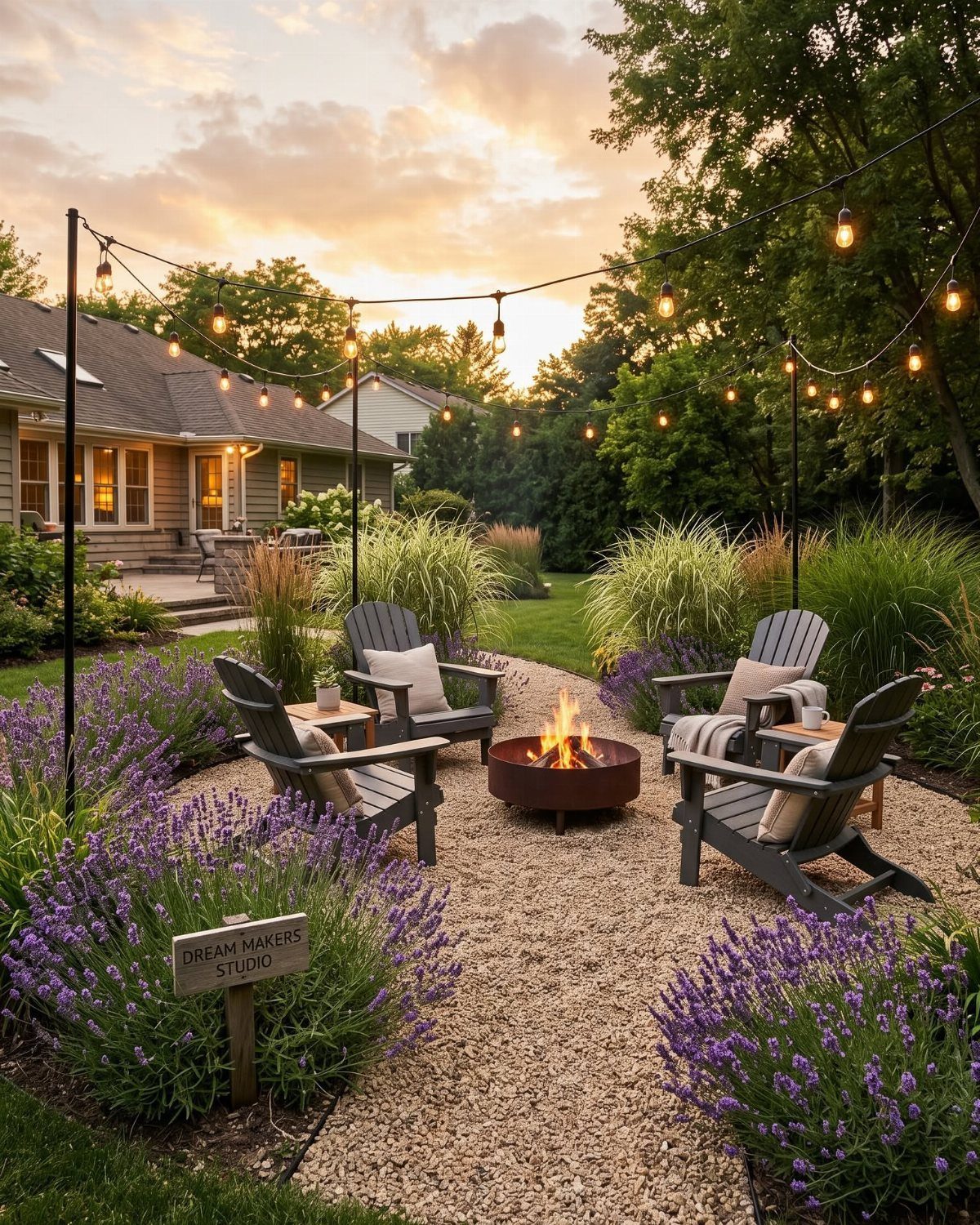 13 Landscaping Plans Layout Ideas to Draw From 7 Grey Adirondack chairs arranged around a glowing fire pit on a gravel patio surrounded by lavender.