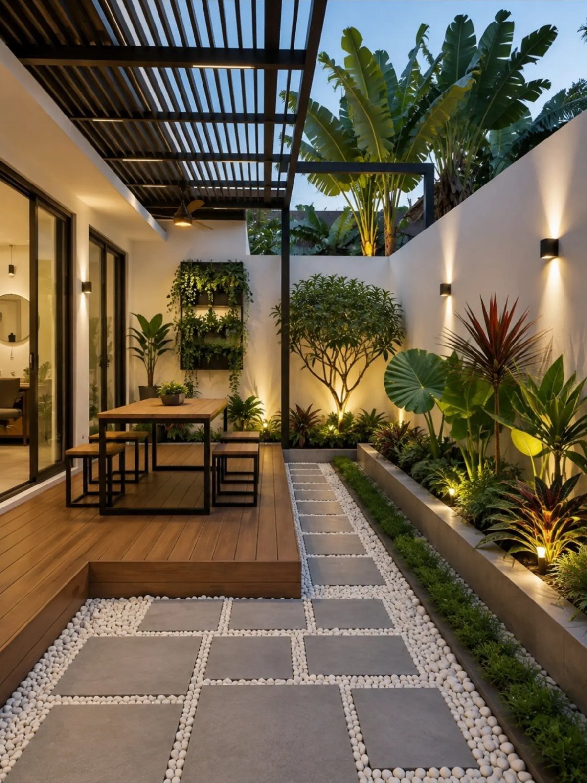 13 Landscaping Plans Layout Ideas to Draw From 8 Modern outdoor patio with wooden decking, dining furniture, and tropical plants in concrete planters.