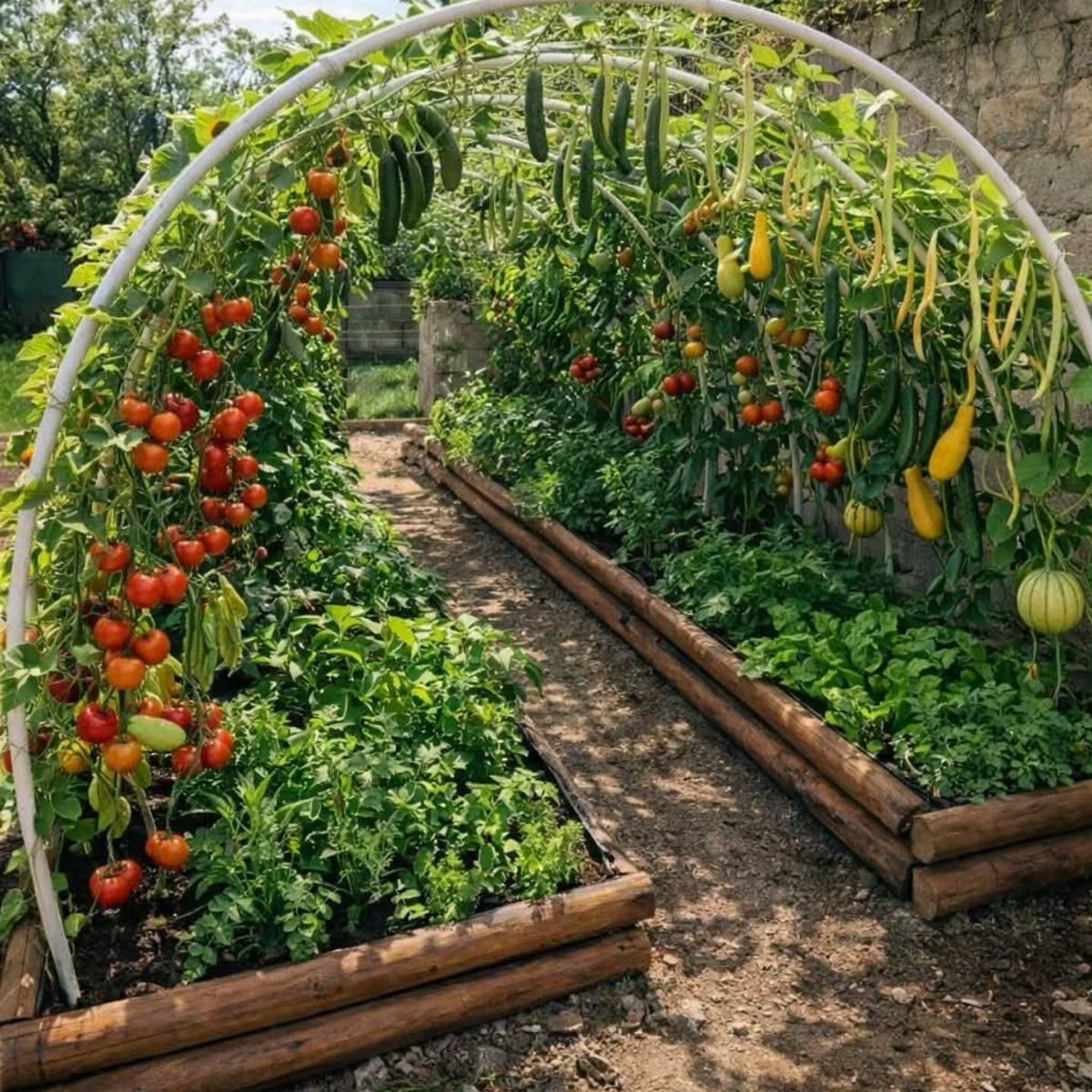 13 Landscaping Plans Layout Ideas to Draw From 3 Raised wooden garden beds with climbing tomato plants and squash under a white arched trellis.