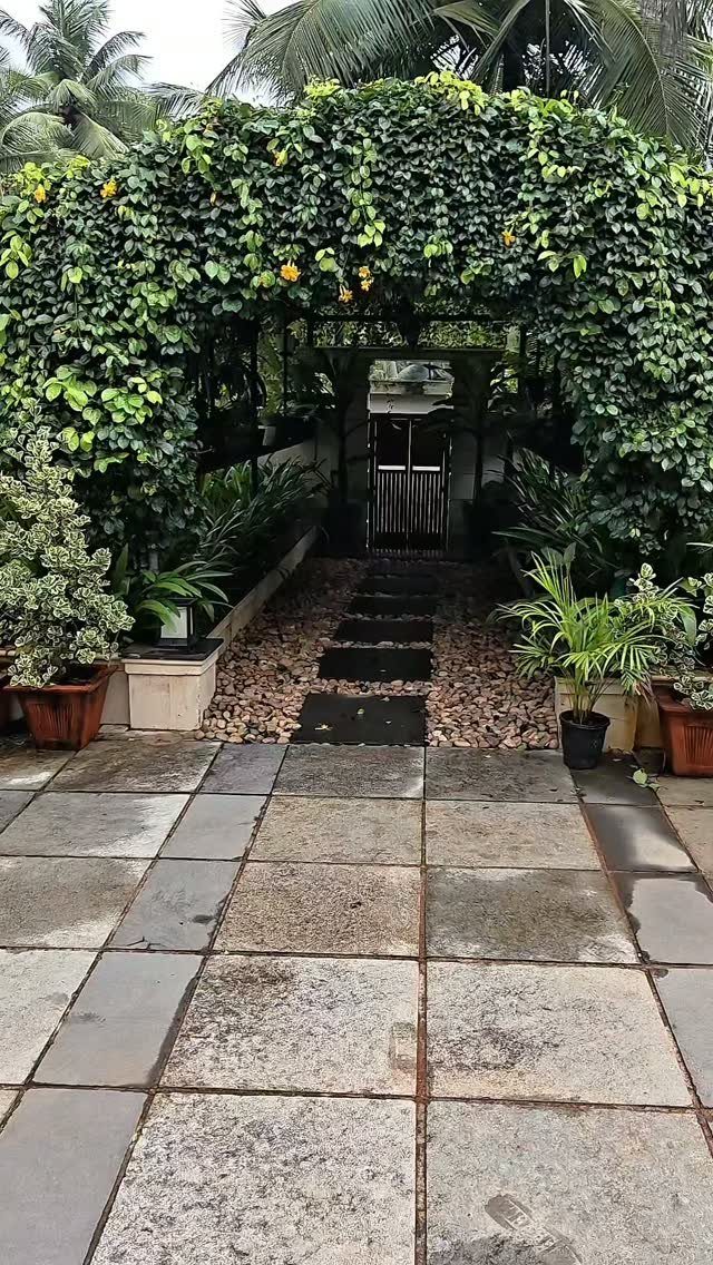 18 Large Yard Ideas for Patios, Pools, Outdoor Kitchens & More 14 A dense green archway of climbing plants with yellow flowers over a stone pathway.