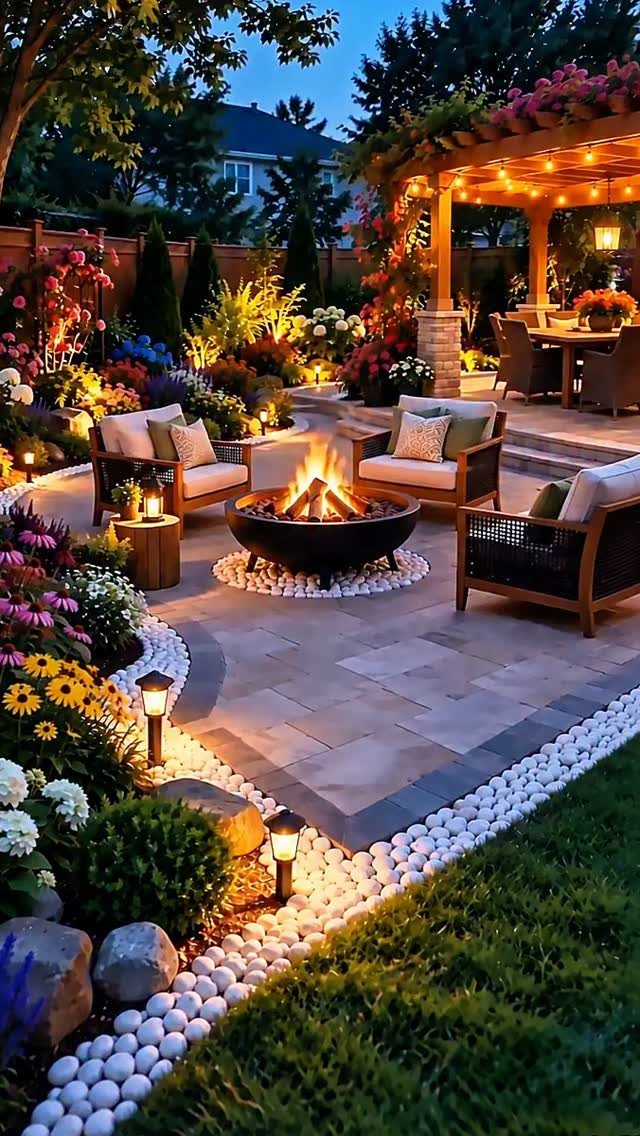 18 Large Yard Ideas for Patios, Pools, Outdoor Kitchens & More 5 A glowing fire pit sits on a stone patio surrounded by comfortable outdoor armchairs and lush gardens.