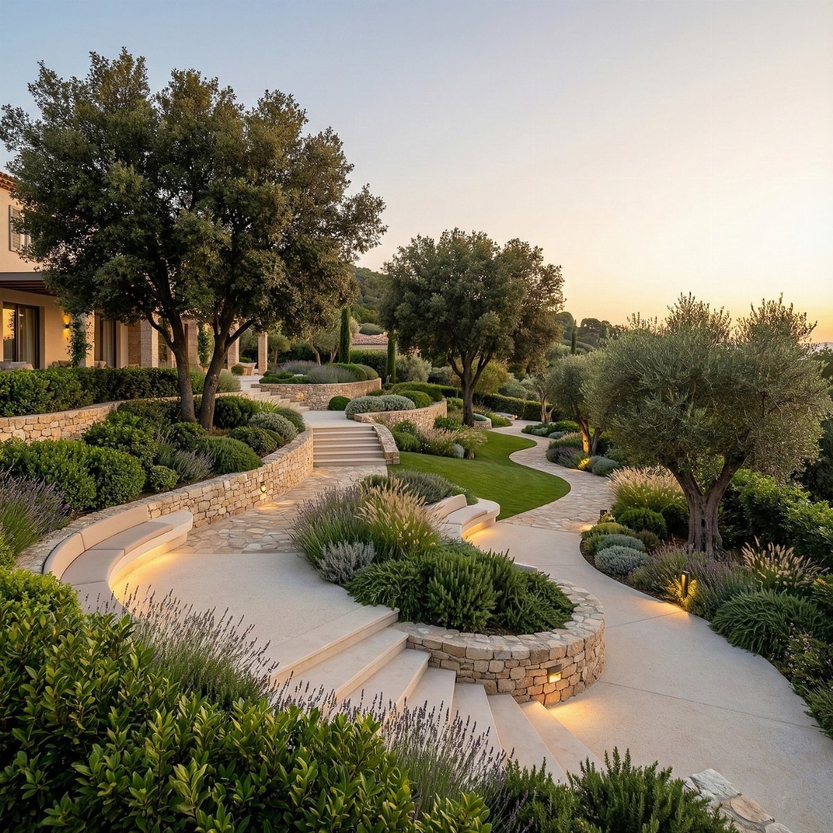 18 Large Yard Ideas for Patios, Pools, Outdoor Kitchens & More 3 Winding stone paths and curved garden beds surround lush green shrubs and trees in a landscaped yard.
