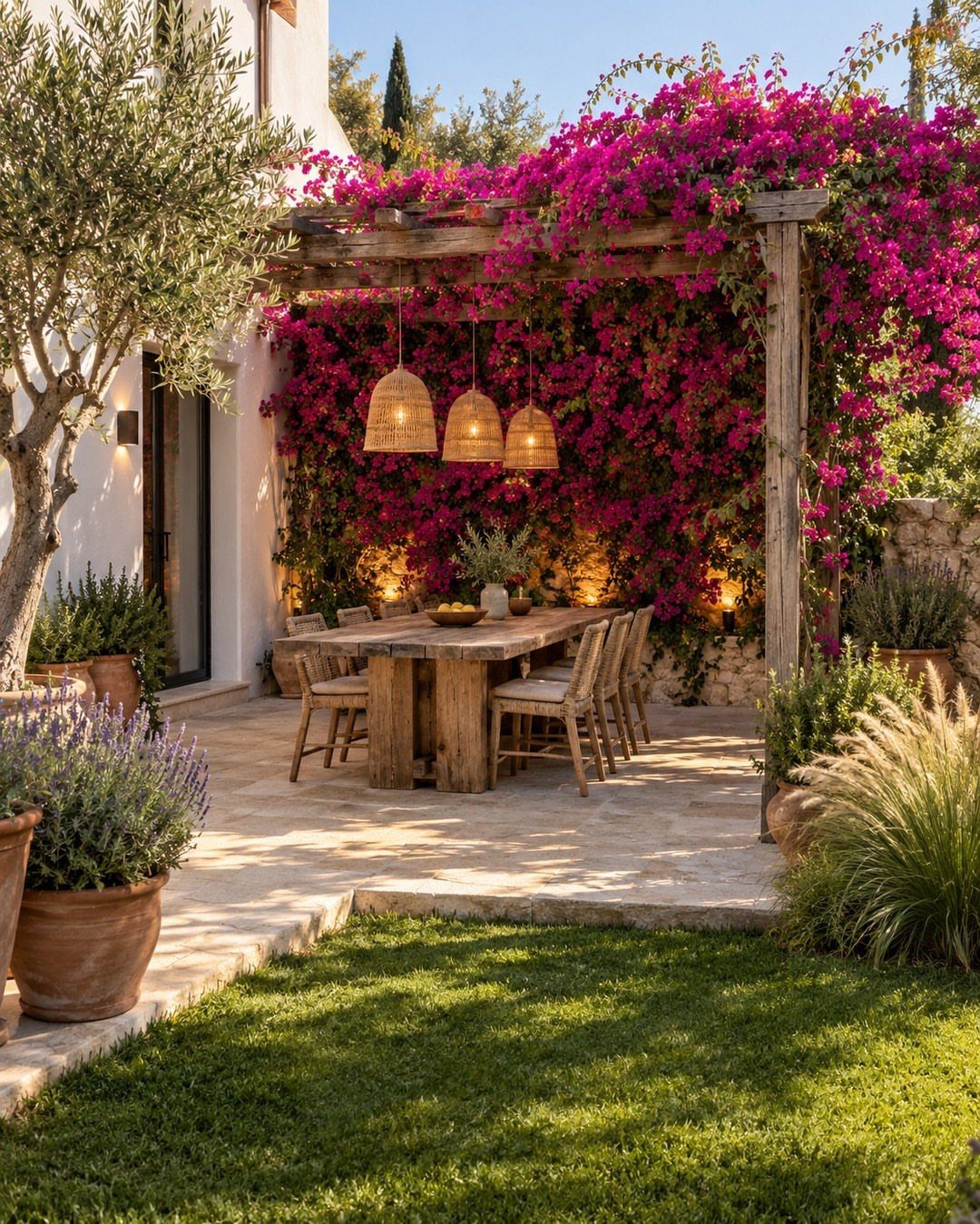 18 Large Yard Ideas for Patios, Pools, Outdoor Kitchens & More 9 A stone courtyard with a wooden dining table under a pink bougainvillea covered pergola.