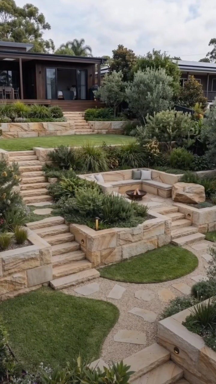 18 Large Yard Ideas for Patios, Pools, Outdoor Kitchens & More 17 Terraced stone landscaping with stairs, green lawns, and a built-in fire pit seating area.