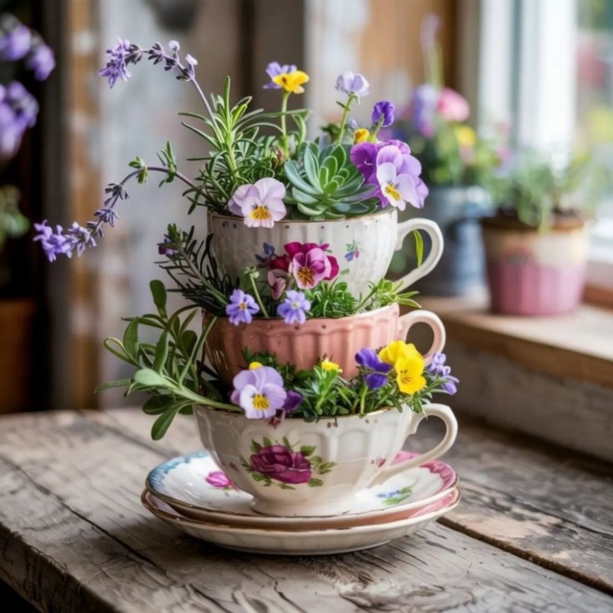 Low Planter Ideas: 8 Creative Designs for Small Spaces 1 Stacked decorative teacups used as planters containing colorful small flowers and green plants on wood.