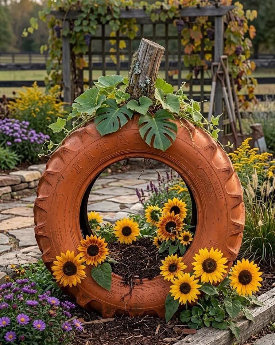 Low Planter Ideas: 8 Creative Designs for Small Spaces 8 An orange painted tyre repurposed as a garden planter filled with bright yellow sunflowers.