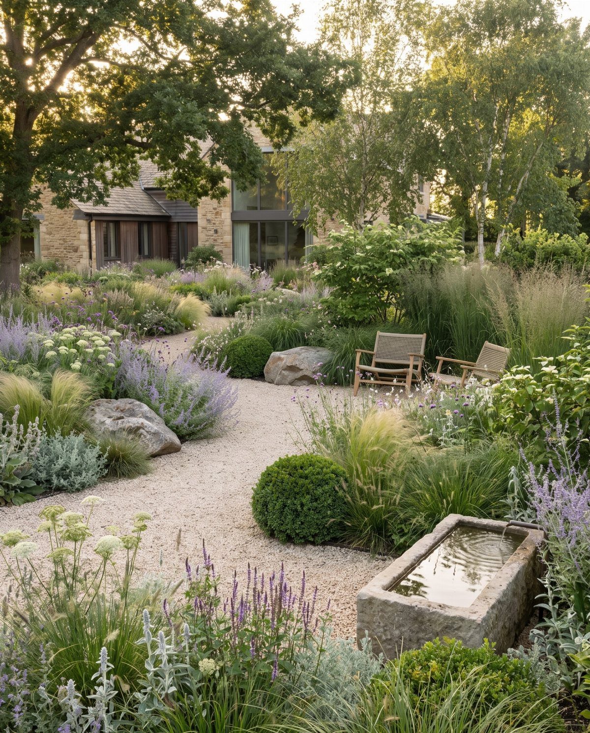 Modern Landscape Design: 12 Ideas for a Contemporary Yard 3 Lush garden landscape featuring mass plantings of lavender and ornamental grasses along a gravel path.
