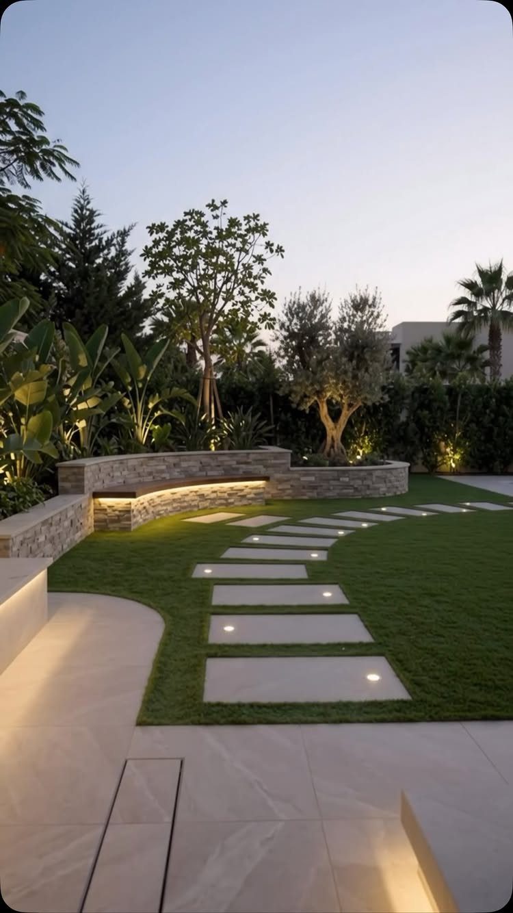 Modern Landscape Design: 12 Ideas for a Contemporary Yard 5 Modern landscape design featuring illuminated stepping stones, a curved stone wall, and large stone pavers in a garden.