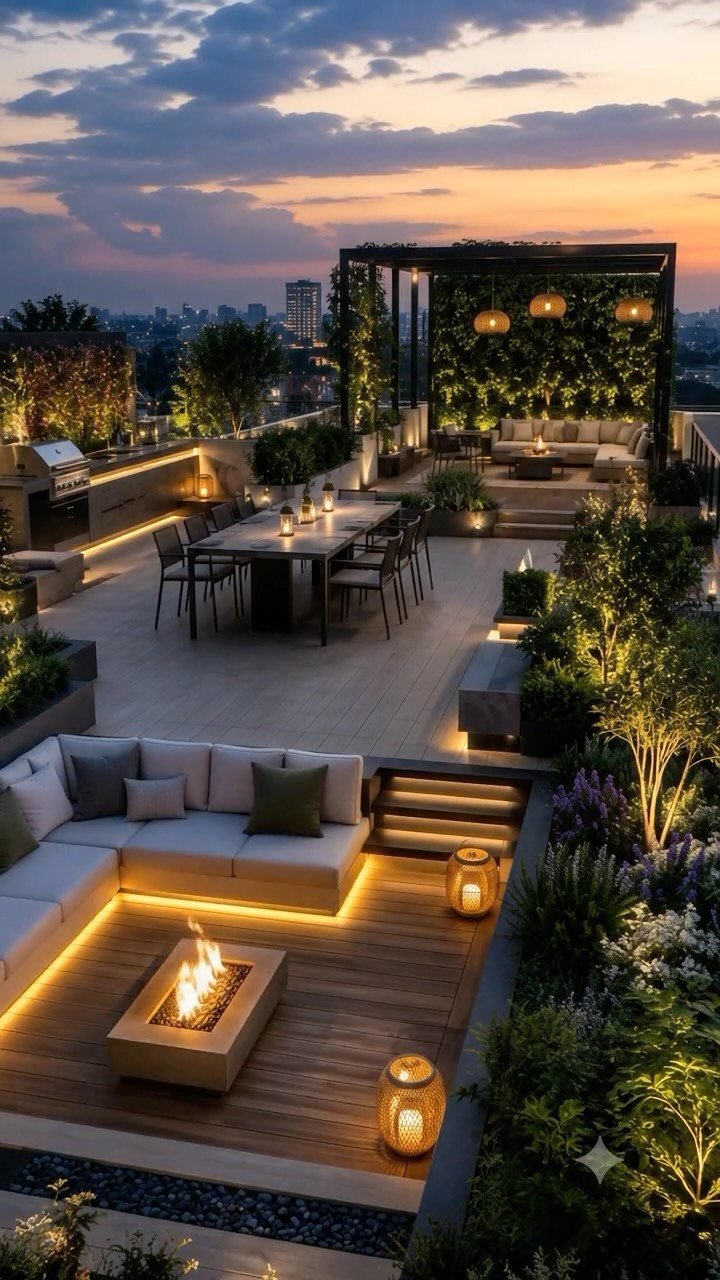 Modern Landscape Design: 12 Ideas for a Contemporary Yard 7 Luxury rooftop terrace with lounge seating, fire pit, dining area, and lush greenery at sunset.