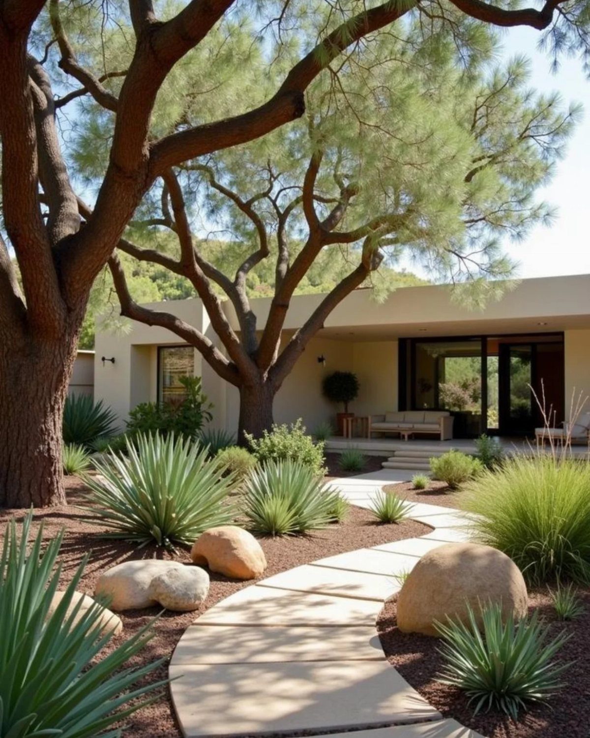 Modern Landscape Design: 12 Ideas for a Contemporary Yard 11 A winding stone pathway curves through a modern garden with large boulders and spiky green plants.