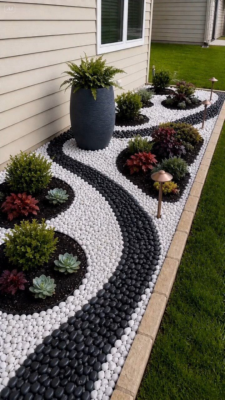 Modern Landscape Design: 12 Ideas for a Contemporary Yard 12 Winding black and white pebble paths surround several circular planting beds with various green and red plants.