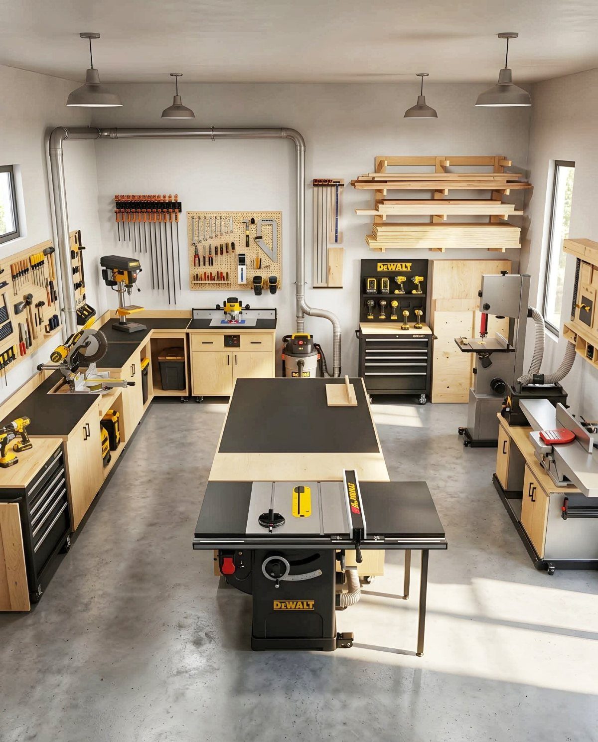 12 One Car Garage Workshop Layout Ideas That Save Space 5 A professional woodworking shop layout inside a single-car garage with various tools and workbenches.