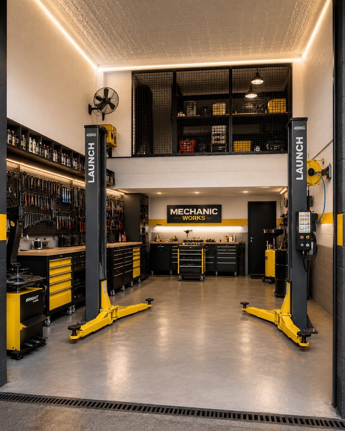 12 One Car Garage Workshop Layout Ideas That Save Space 4 Two yellow vehicle lifts stand in a clean, modern professional auto mechanic garage workshop.