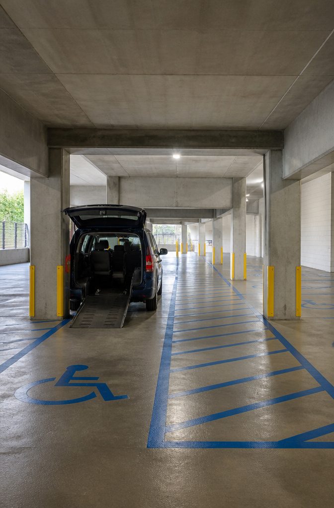 Parking Garage Fits: Clearance Heights by Structure Type for Tall Vehicles 3 An ADA-accessible section in a garage with an 8'2" clearance sign.