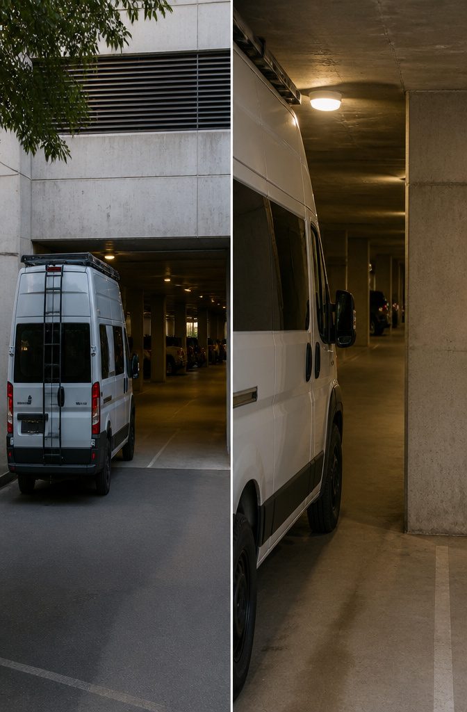 Parking Garage Fits: Clearance Heights by Structure Type for Tall Vehicles 8 A Class B camper van parked, indicating its height above standard garages.