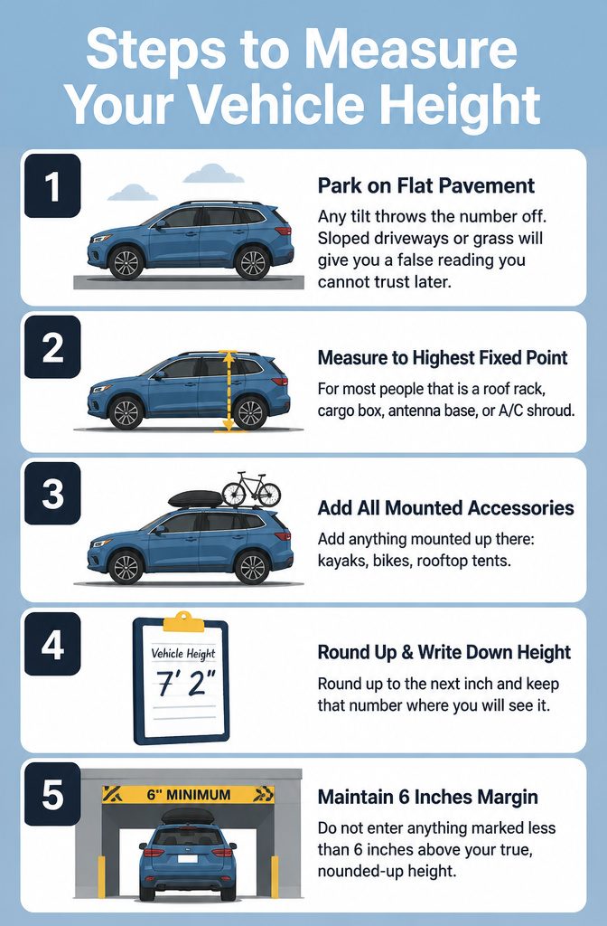 Parking Garage Fits: Clearance Heights by Structure Type for Tall Vehicles 10 An information image titled 'Steps to Measure Your Vehicle Height'.