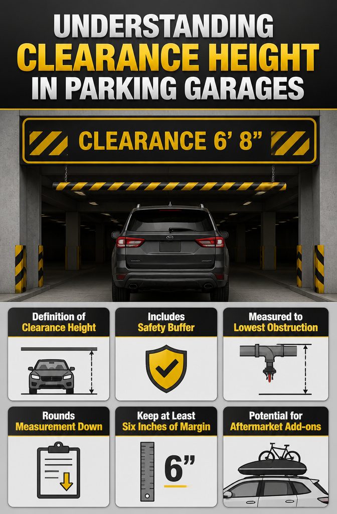 Parking Garage Fits: Clearance Heights by Structure Type for Tall Vehicles 1 An information image titled 'Understanding Clearance Height in Parking Garages'.
