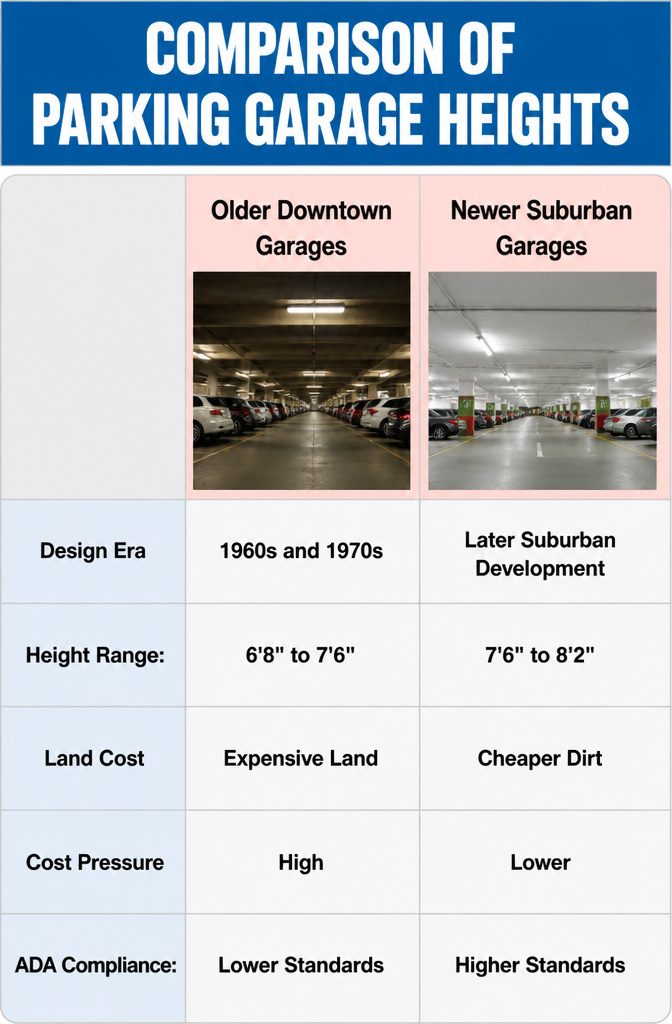 Parking Garage Fits: Clearance Heights by Structure Type for Tall Vehicles 11 A comparison image showing different parking garage height designs.