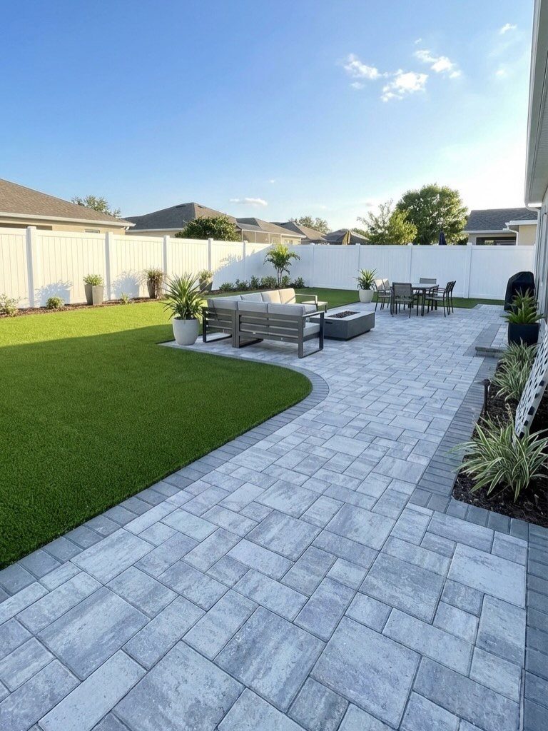 12 Paver Patio Ideas for Fire Pits, Poolside Lounges & Outdoor Rooms 2 Grey stone paver patio featuring a lounge area with a sofa and a dining set.